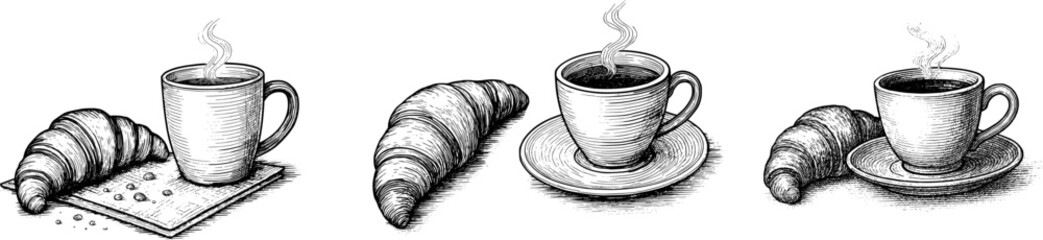 Hand Drawn Coffee and Croissant Sketch Collection. Featuring Cup, Steam, Pastry and Saucer in Realistic Pencil Style.