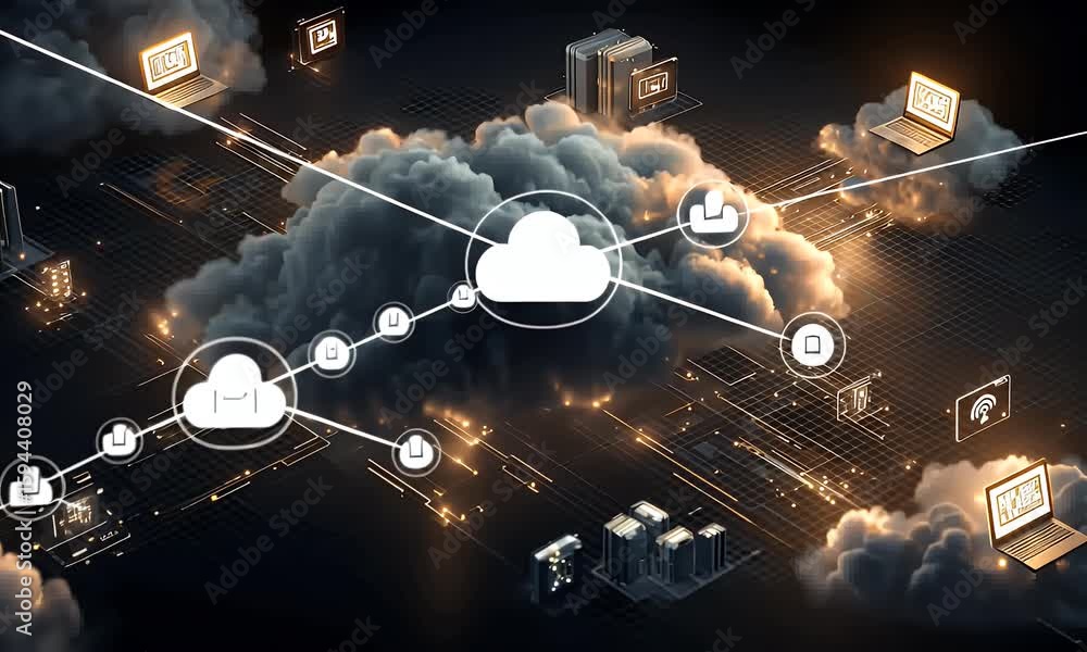 Aufkleber a digital artwork depicting cloud computing, showcasing various devices connected to the internet th