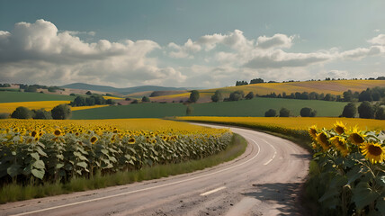 A long asphalt road winds through a vibrant summer landscape with green fields and a vast sky