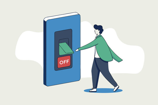 Flat illustration of businessman turning off giant switch to take break from work symbolizing digital detox burnout recovery and work-life balance 