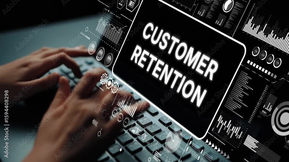 Poster hands typing on keyboard with customer retention graphics and data analytics on display in modern of