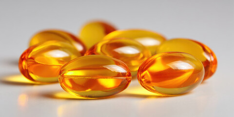a close-up of omega-3 fish oil capsules, golden translucent gel pills on a clean white background. 3d illustration.