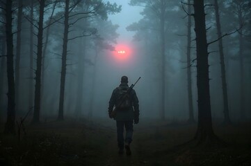 Fototapeta premium Hunter walking in misty forest with drone's red light in the sky 