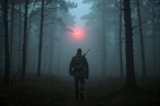 Hunter walking in misty forest with drone's red light in the sky