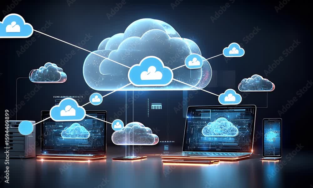 Aufkleber a digital artwork depicting cloud computing, showcasing various devices connected to the internet th