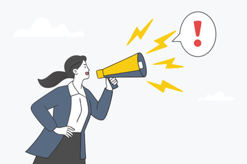 Flat illustration of businesswoman talk on megaphone with exclamation mark symbolizing important announcement 