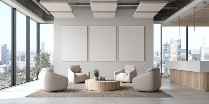 modern office interior with large three large blank white frame on gray wall, with city skyline view, four, clean minimal corporate style, bright natural daylight. 3d illustration.