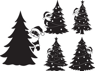 Collection of christmas trees with santa claus peeking silhouette
