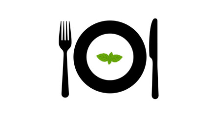 Simple plate with basil leaves, fork and knife, culinary symbol, food graphic design, pizza festival, pizzafest concept

