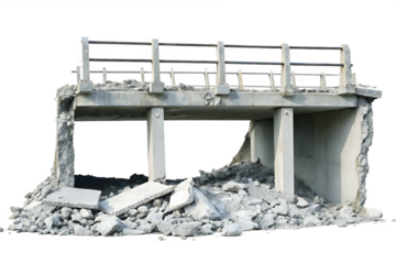   fragmented bridge structure caused by earthquake isolated on white background PNG, AI GENERATED
