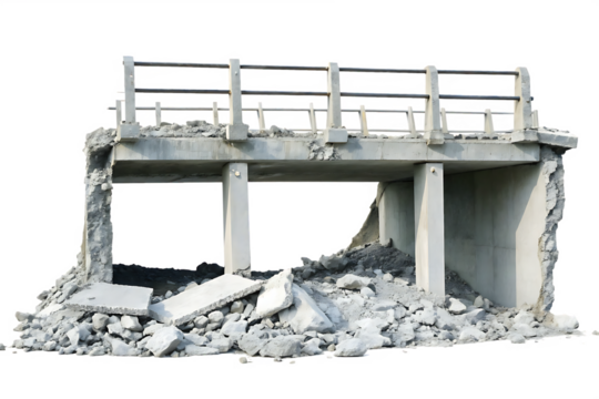   fragmented bridge structure caused by earthquake isolated on white background PNG, AI GENERATED