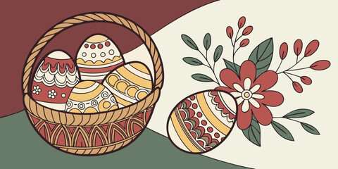 Easter themed arrangement of decorated eggs and a flower bouquet in a basket, displayed on a red green background vector illustration.