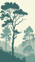 Misty Forest Silhouettes - Soft blue-grey tree outlines, subtle fog effect, grainy matte paper