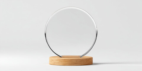 A blank glass circular award with a wooden base on a white background. mockup award. 3d illustration. 