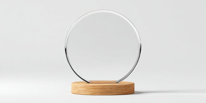 A blank glass circular award with a wooden base on a white background. mockup award. 3d illustration. 