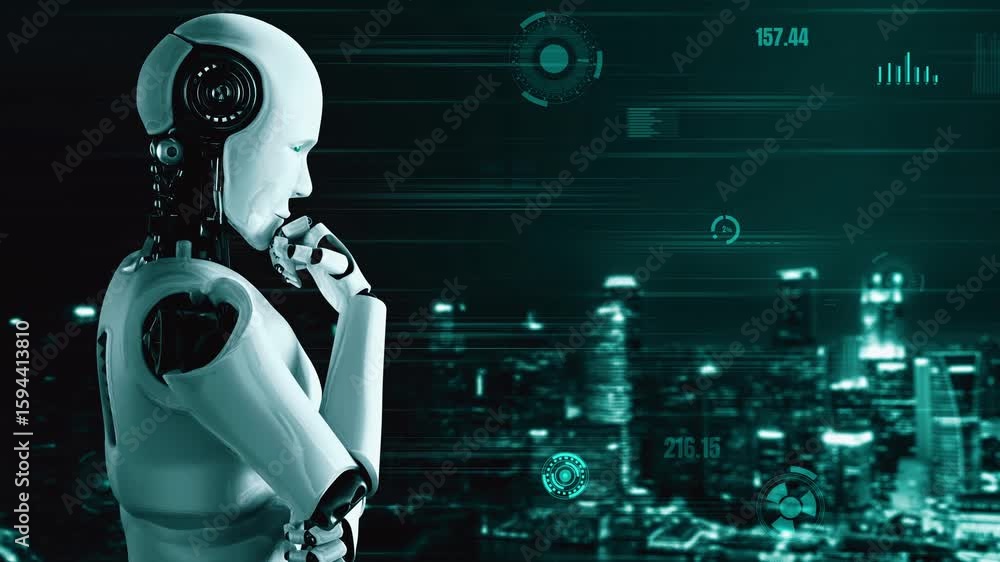 Poster futuristic robot artificial intelligence huminoid ai for industrial factory technology development a