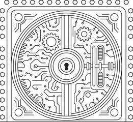 Abstract Technology Vault:  Cybersecurity,  Gear, Circuit Board, Line Art, Monochrome Design, safe, security, technology, cybersecurity, security system