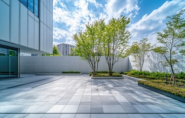 Modern courtyard with green trees