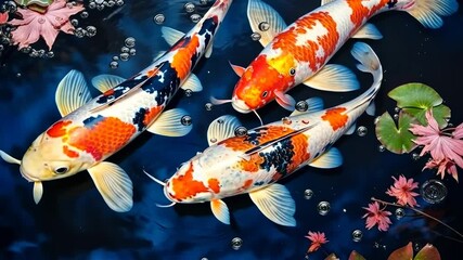 Top-down video shot of vibrant koi fish swimming in a pond, surrounded by lily pads and pink flowers, creating a serene, colorful scene. Live desktop wallpaper. - Powered by Adobe