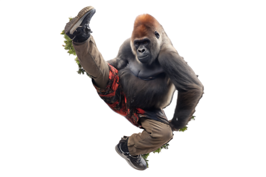 groovy gorilla doing a breakdance in the forest isolated on white background PNG, AI GENERATED