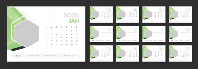 Calendar 2026 planner corporate template design set. Desk calendar template 2026. Week starts on Sunday.
