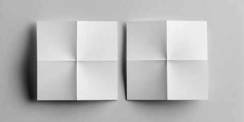 Four folded sheets of blank white paper, arranged in a grid format, clean white tone. The showcasing the creases in the paper. on gray background. suitable for a mockup or template.