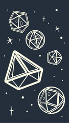 Floating geometric shards in space, deep navy background with glowing white edges