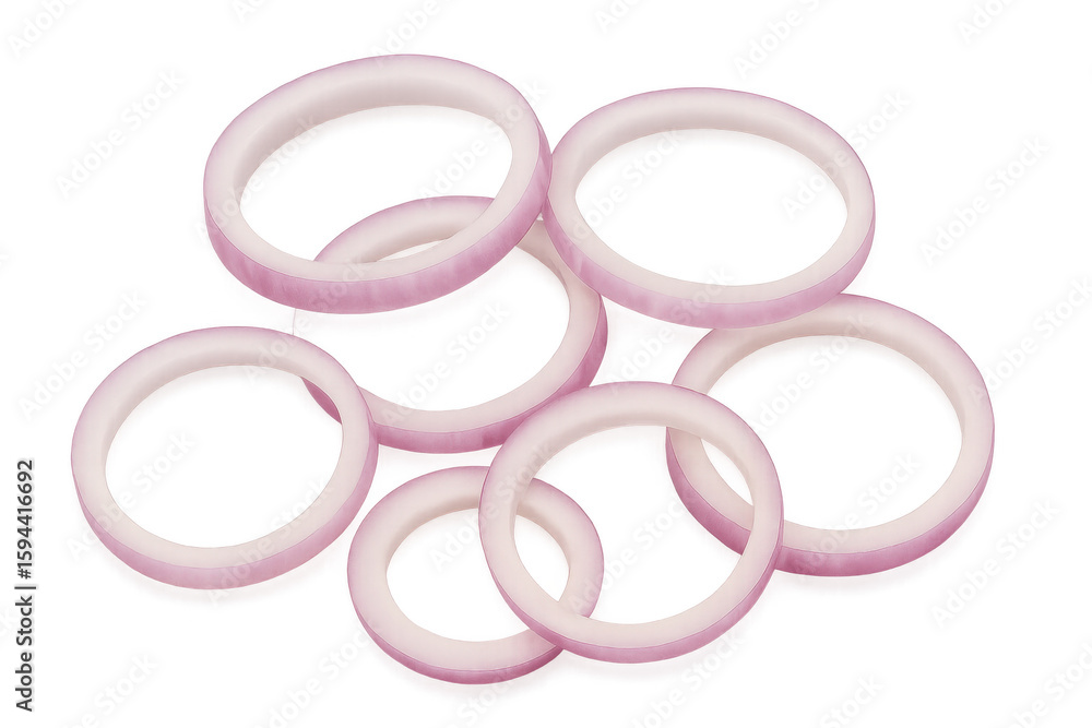 Poster red onion rings slicing through midair, dropping against transparent backdrop with sharp culinary pr