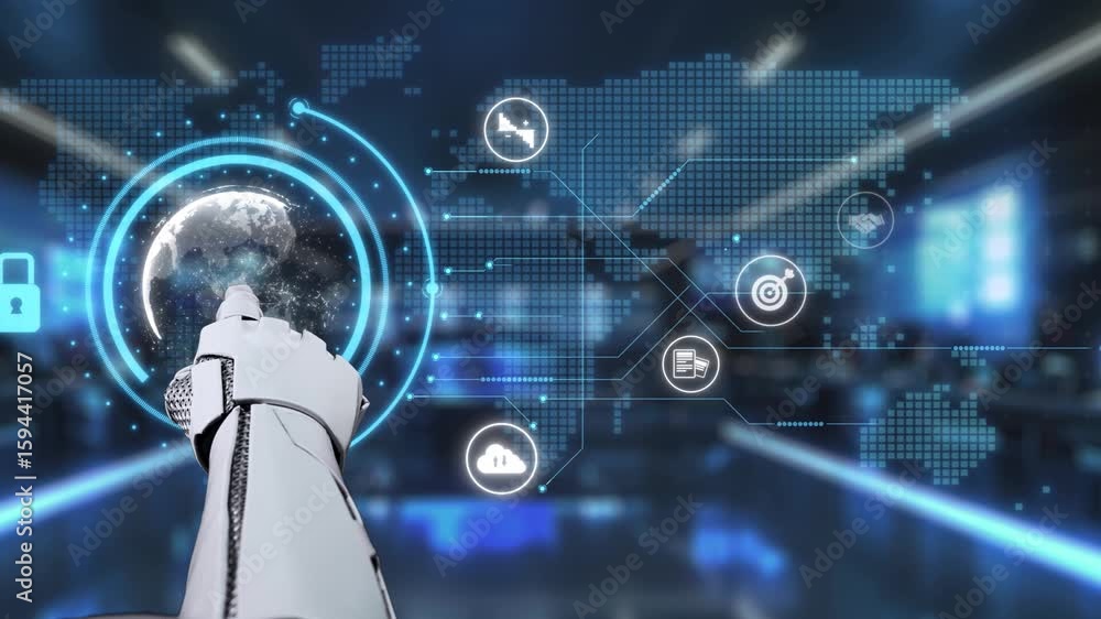 Poster a robotic hand interacts with a digital display showcasing a world map and various technological ico