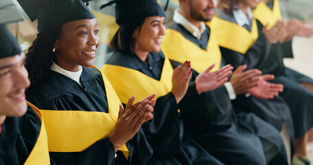 Happy woman, applause and graduation with celebration at college for achievement, goal or education...