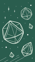 Geometric shapes with white outlines on a dark green background, with small white dots and stars scattered around, creating a simple and modern