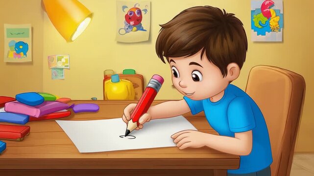 Young boy draws creatively in colorful playroom filled with toys and art supplies - Powered by Adobe