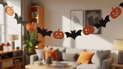 Banner with black and orange Halloween garland with bats and pumpkins hanging in cozy living room