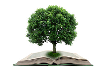  lush green tree grows from the pages of an open isolated on white background PNG, AI GENERATED