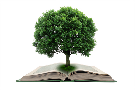  lush green tree grows from the pages of an open isolated on white background PNG, AI GENERATED