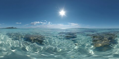 Panoramic 360 degrees ocean view hdri tropical beach clear water sunlit environment