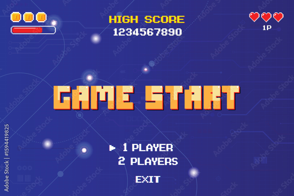 Poster game start. pixel art .8 bit game. retro video game. for game assets. retro futurism sci-fi backgrou