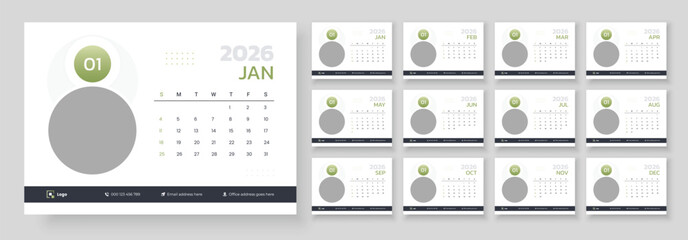 Desk calendar template 2026. Calendar 2026 planner corporate template design set. Template for annual calendar 2026. Week starts on Sunday.