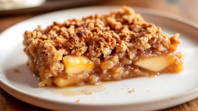 A slice of apple crumble pie with a golden, crumbly topping served on a white plate.