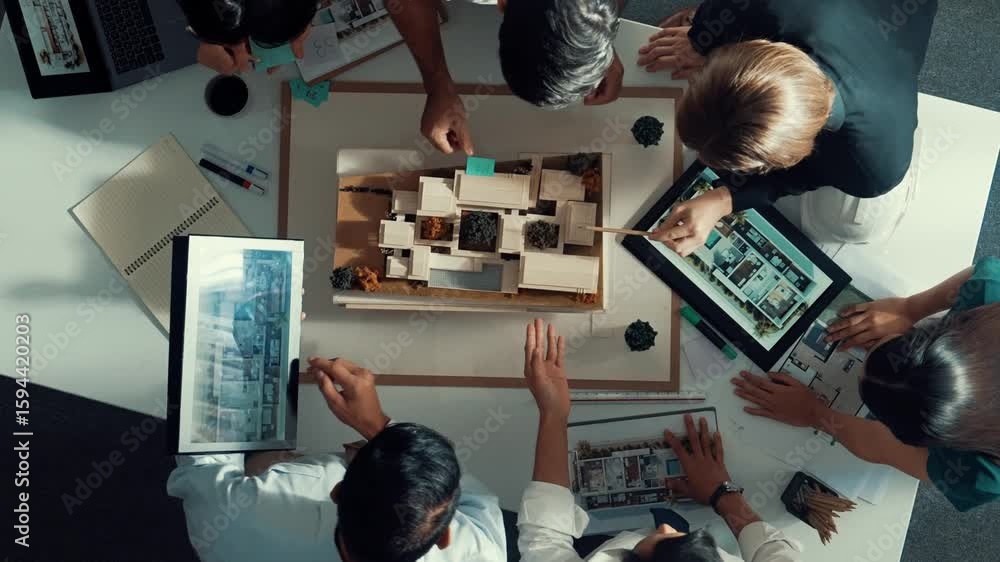Poster top down view of manager pointing at house model and explain building design. aerial view of archite