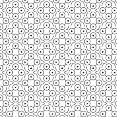 Elegant seamless pattern featuring symmetrical black circular motifs with curved decorative accents on a white background. Ideal for wallpapers, fabrics, backgrounds, and wrapping paper.