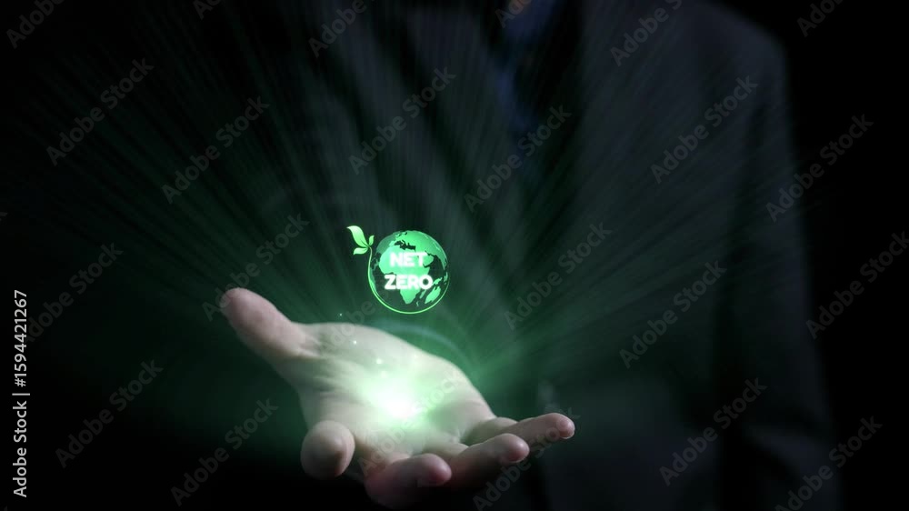 Poster a captivating visual of a hand holding a luminous green globe with the words net zero, surrounded by
