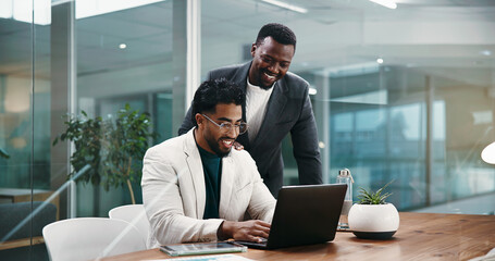 Men, meeting and mentor with laptop in office for accounting, training and financial feedback....