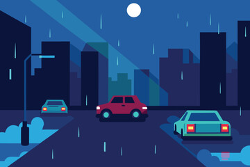 Flooded Urban Street Scene with Floating Cars in the Rain Vector Design