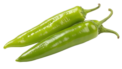 Two fresh green chili peppers with stems isolated on transparent background