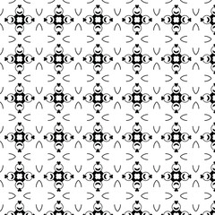 Elegant seamless pattern featuring symmetrical black floral motifs with curved decorative accents on a white background. Ideal for wallpapers, fabrics, backgrounds, and wrapping paper.