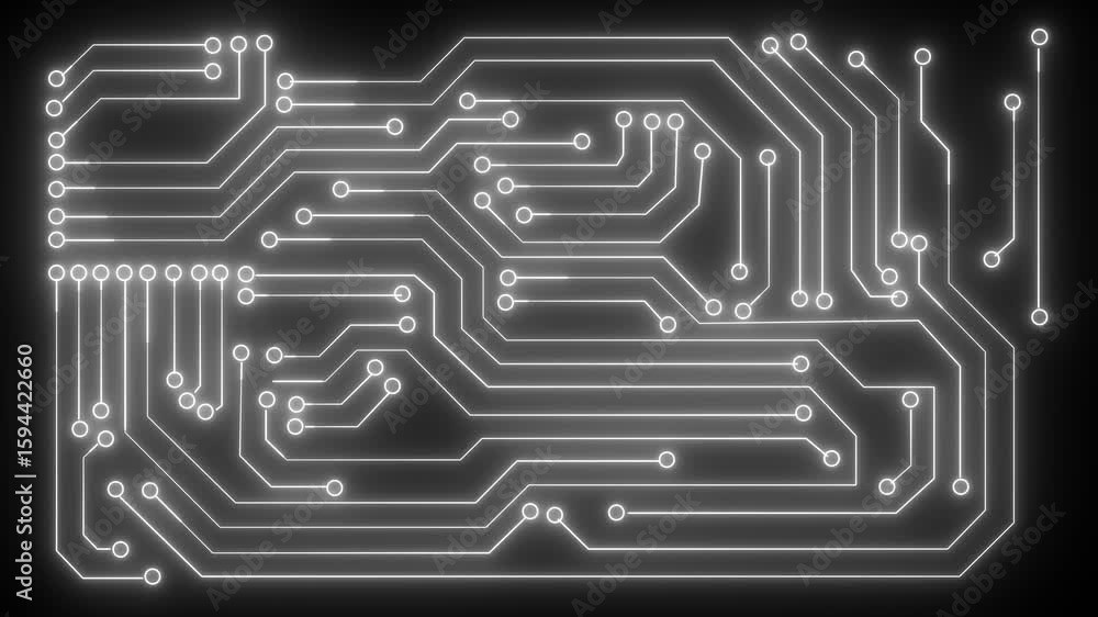 Aufkleber animation of circuit board pattern overlaying servers in modern data center.