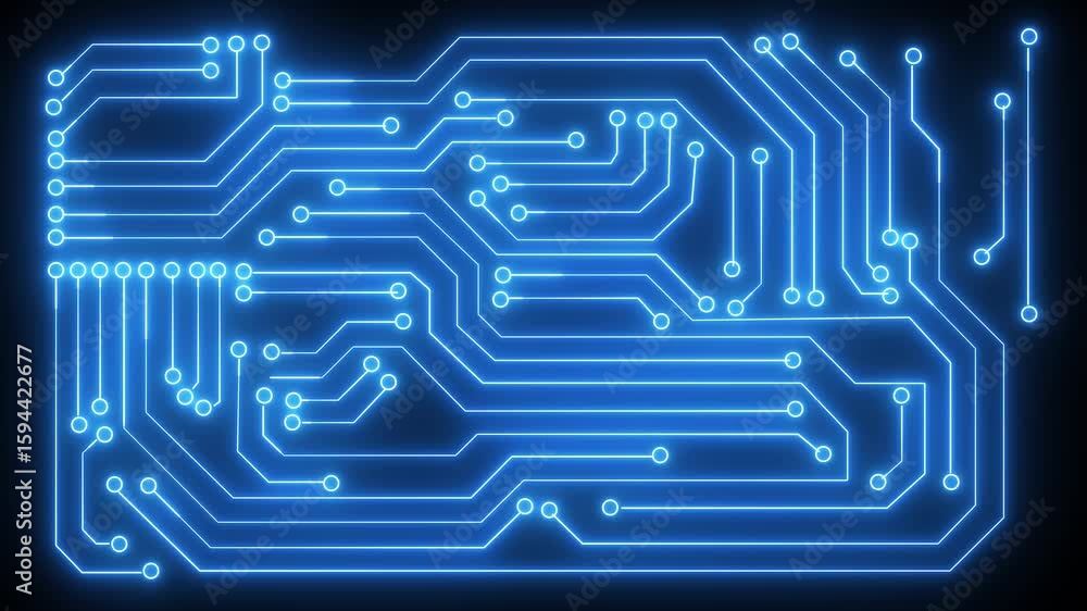 Aufkleber animation of circuit board pattern overlaying servers in modern data center.