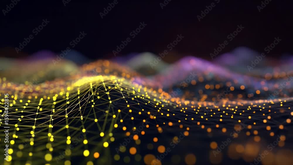 Poster abstract digital background with colorful glowing lines on a dark blue backdrop. vector illustration