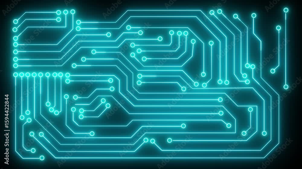 Aufkleber animation of circuit board pattern overlaying servers in modern data center.